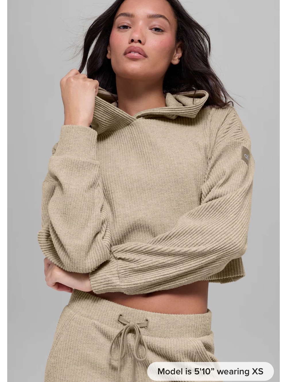 Muse Alo Ribbed Cropped Hoodie Set in Light Olive